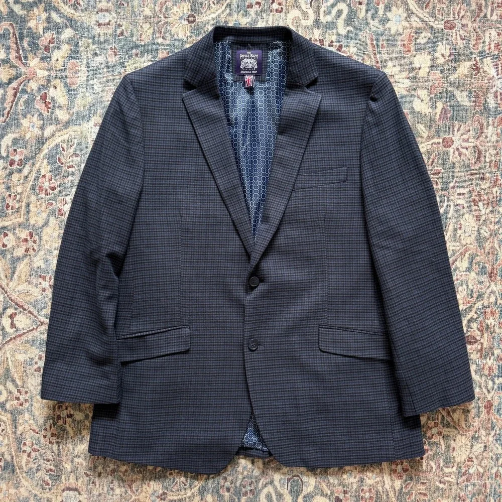 Savile Row Hoxton Blazer‎ 44L Blue Check Sport Coat Stretch Modern Smart Casual